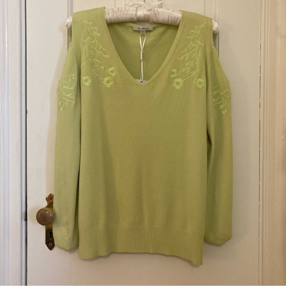 Fresh citrusy green cold shoulder sweater w/ floral embroidery